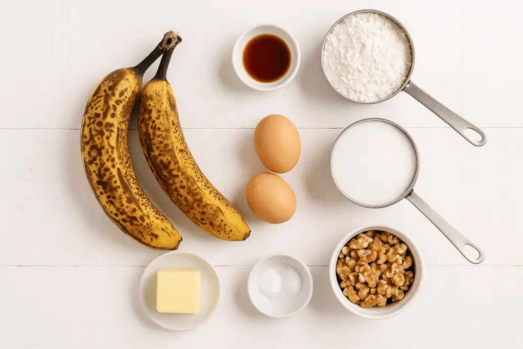 Essential banana bread recipe ingredients including overripe bananas flour eggs and walnuts