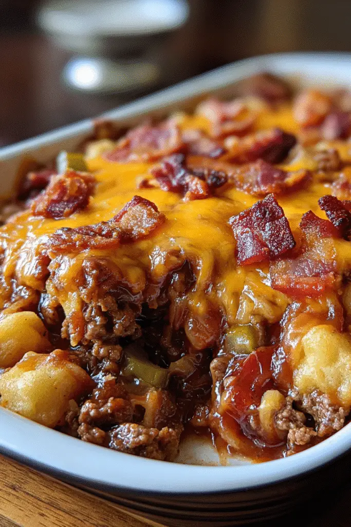 Pinterest-ready BBQ Bacon Cheeseburger Casserole with golden cheese topping