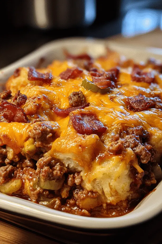 Easy BBQ Bacon Cheeseburger Casserole recipe for family dinners
