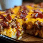 BBQ Bacon Cheeseburger Casserole with golden biscuit topping and melted cheese