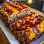 BBQ Bacon Cheeseburger Meatloaf sliced showing melted cheese and bacon bits - premium comfort food recipe