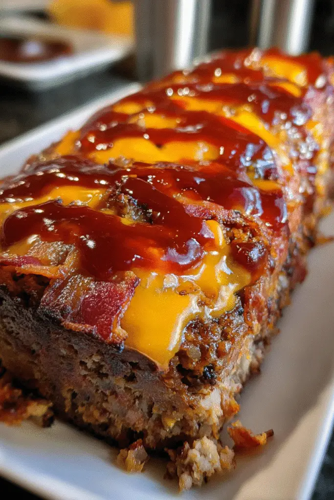 Easy BBQ Bacon Cheeseburger Meatloaf recipe with melted cheese - perfect Pinterest comfort food