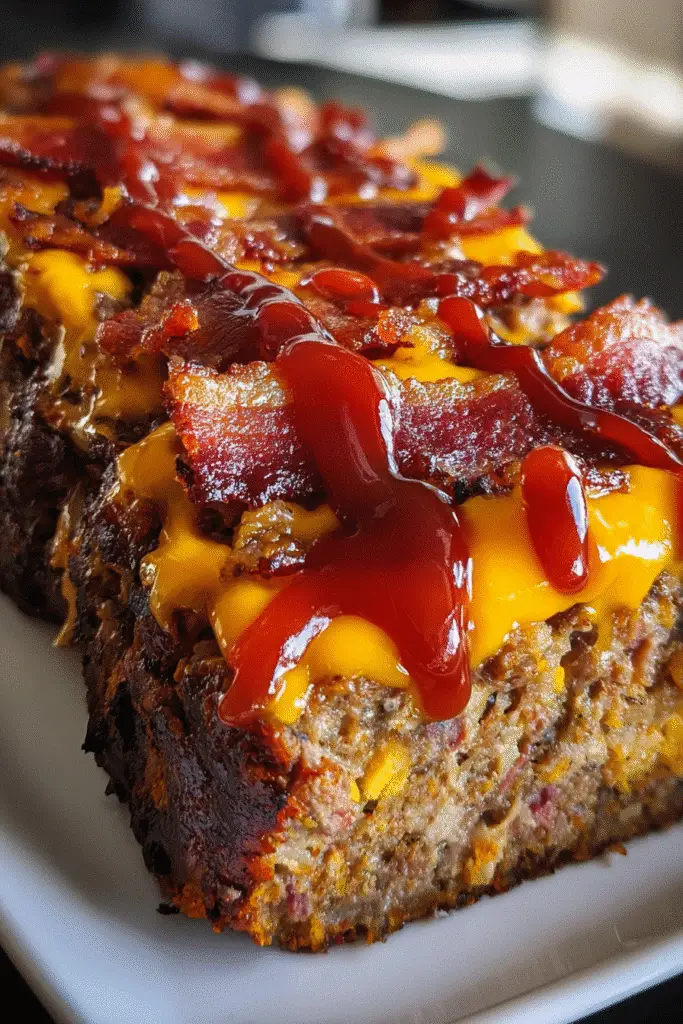 BBQ Bacon Cheeseburger Meatloaf cross-section showing layers of bacon and cheese - family dinner recipe
