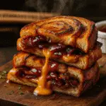 BBQ Bacon Cinnamon Roll Grilled Cheese sandwich cut diagonally showing melted cheddar cheese and crispy bacon on CrennRecipes.com