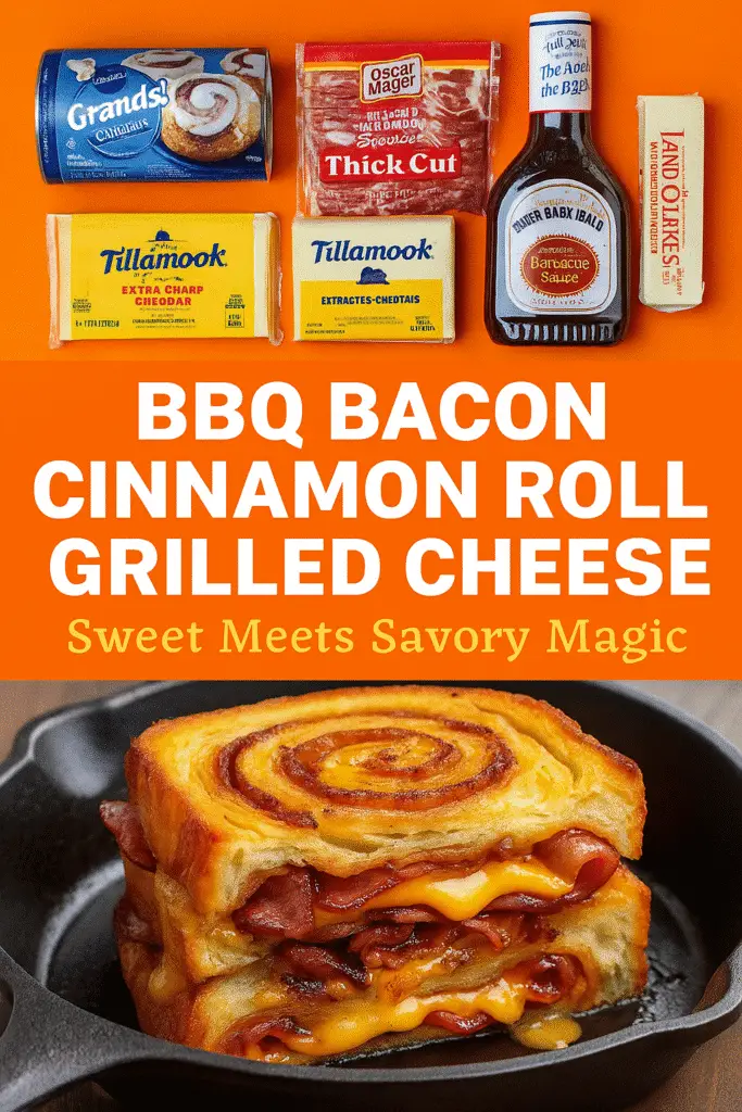 BBQ Bacon Cinnamon Roll Grilled Cheese Pinterest pin showing ingredients and finished sandwich from CrennRecipes.com