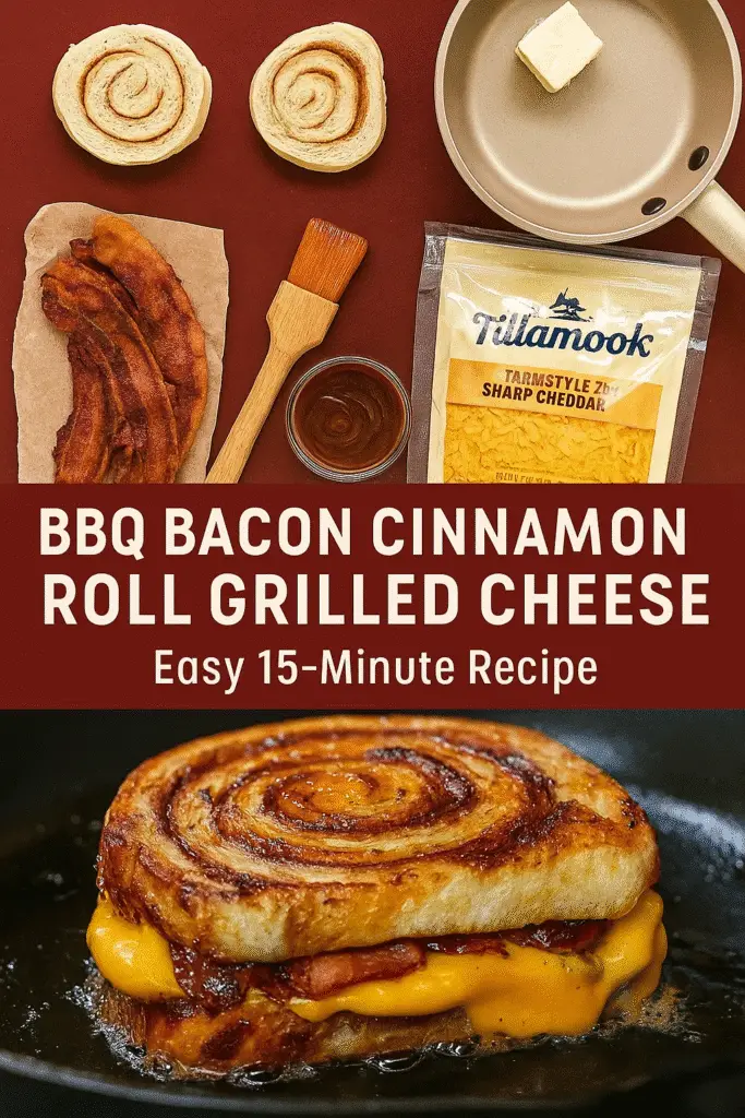 BBQ Bacon Cinnamon Roll Grilled Cheese cooking process Pinterest pin from CrennRecipes.com showing step-by-step assembly