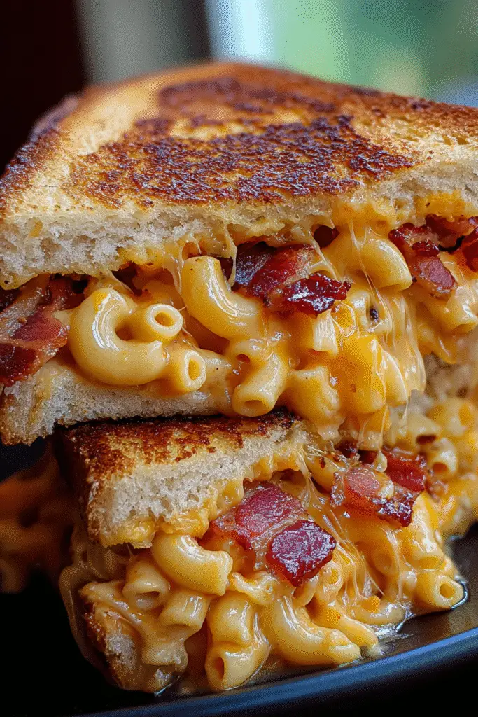 BBQ Bacon Mac Cheese Grilled Cheese ingredients layout on wooden board
