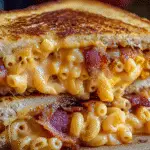 BBQ Bacon Mac n Cheese Grilled Cheese sandwich with melted cheese and crispy bacon