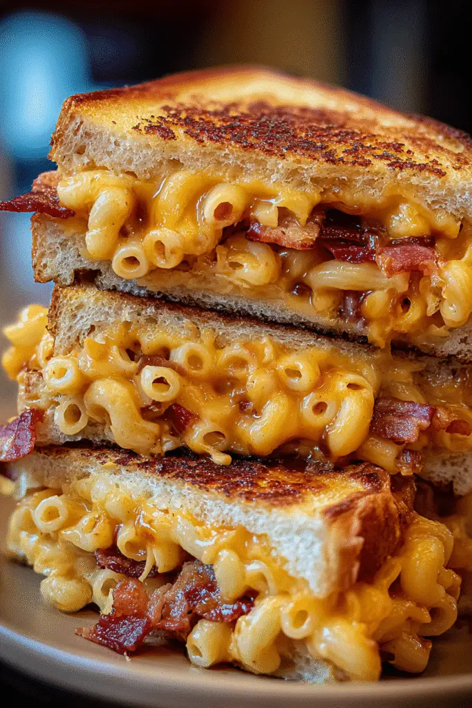 Stacked BBQ Bacon Mac Cheese Grilled Cheese showing melted cheese pull