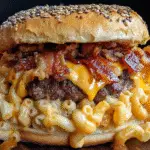 BBQ Bacon Mac 'n' Cheese Stuffed Burger with crispy bacon and creamy mac cheese filling on wooden cutting board