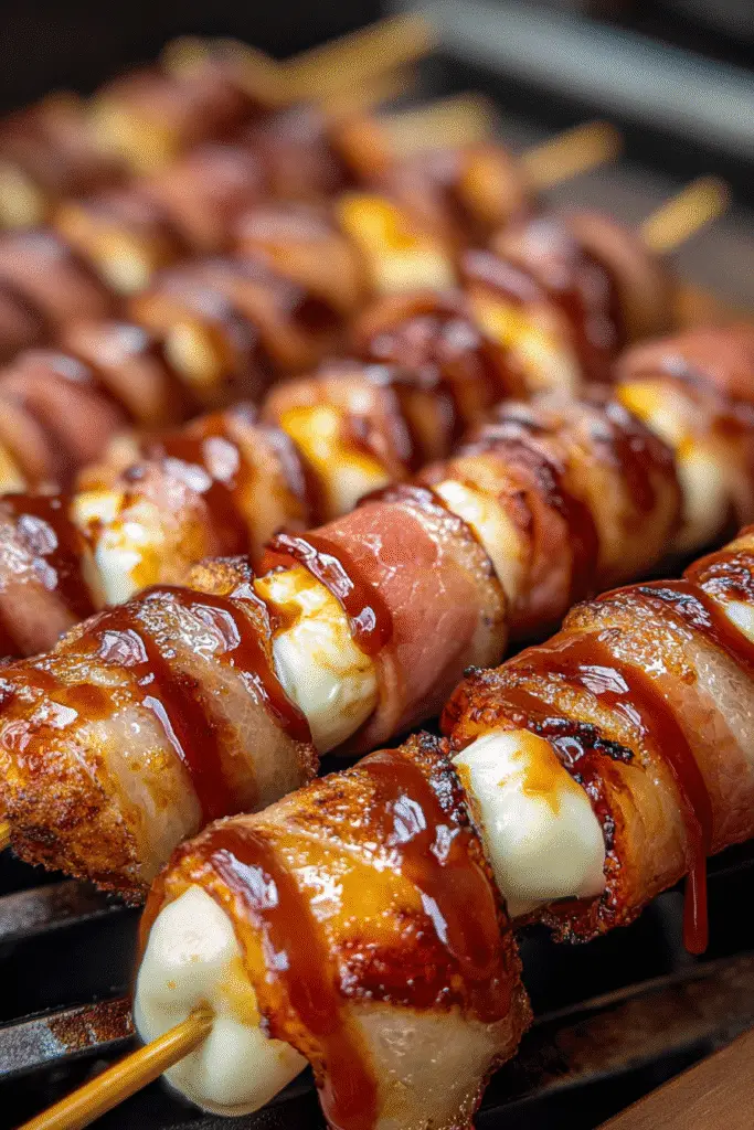 Pinterest-style BBQ Bacon-Wrapped Mozzarella Sticks appetizer recipe vertical image
