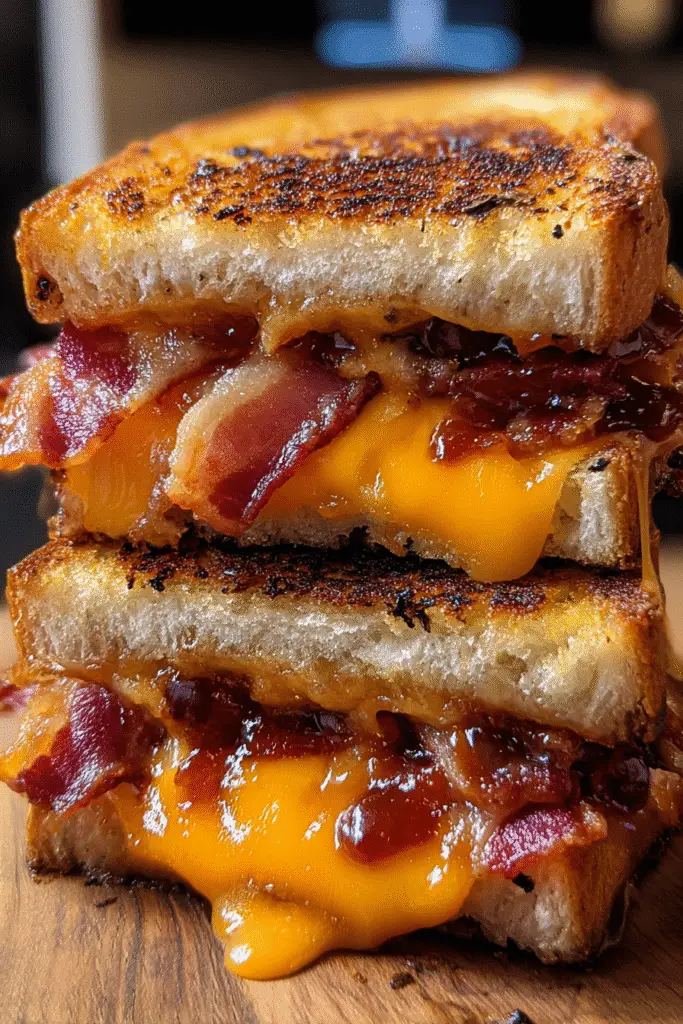 BBQ Bacon Stuffed Grilled Cheese Pinterest recipe with crispy bacon and melted cheese