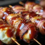 BBQ Bacon-Wrapped Mozzarella Sticks with crispy bacon and melted cheese on rustic wooden board