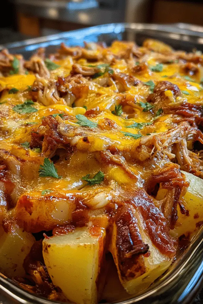 Pinterest-ready BBQ pulled pork potato casserole recipe with premium CrennRecipes styling