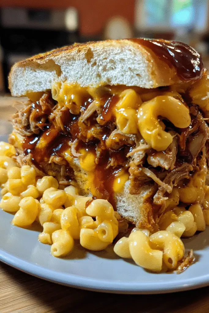 Pinterest-ready BBQ Pulled Pork Mac 'n' Cheese Sandwich recipe with creamy elbow macaroni and smoky pulled pork