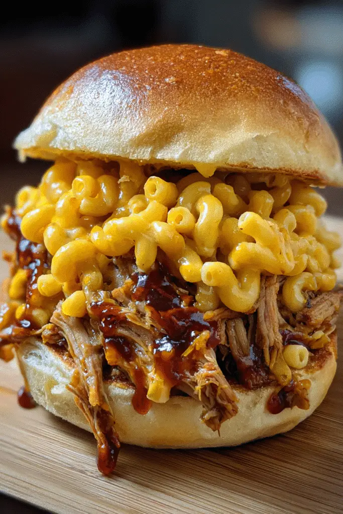 Close-up BBQ Pulled Pork Mac 'n' Cheese Sandwich showing melted sharp cheddar and tender pork on toasted sourdough