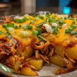 BBQ pulled pork potato casserole with CrennRecipes premium smoky flavors and melted cheese topping