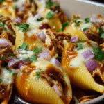 BBQ pulled pork stuffed shells with melted cheese and barbecue sauce in white baking dish