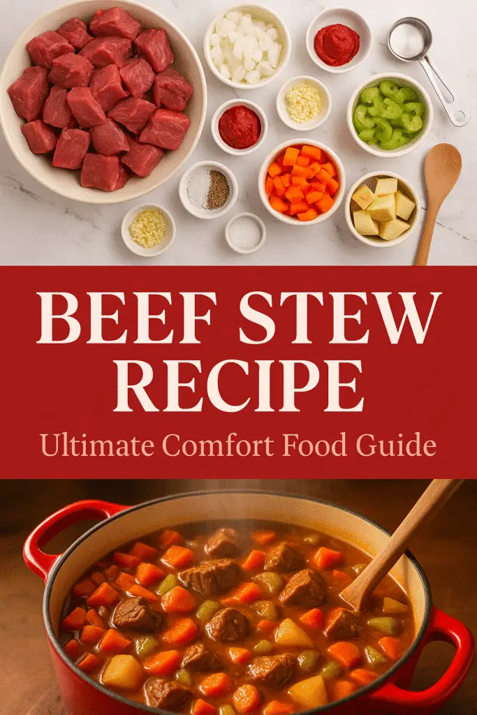 Beef stew recipe Pinterest pin with ingredients and final dish - CrennRecipes ultimate comfort food guide