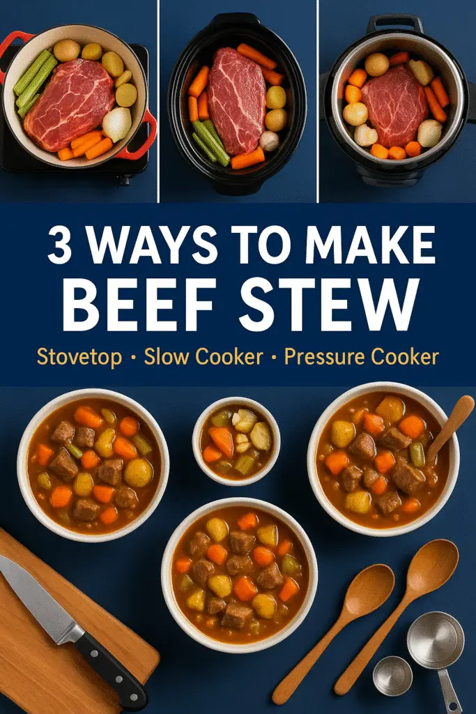Three methods beef stew recipe Pinterest pin - stovetop slow cooker pressure cooker CrennRecipes guide