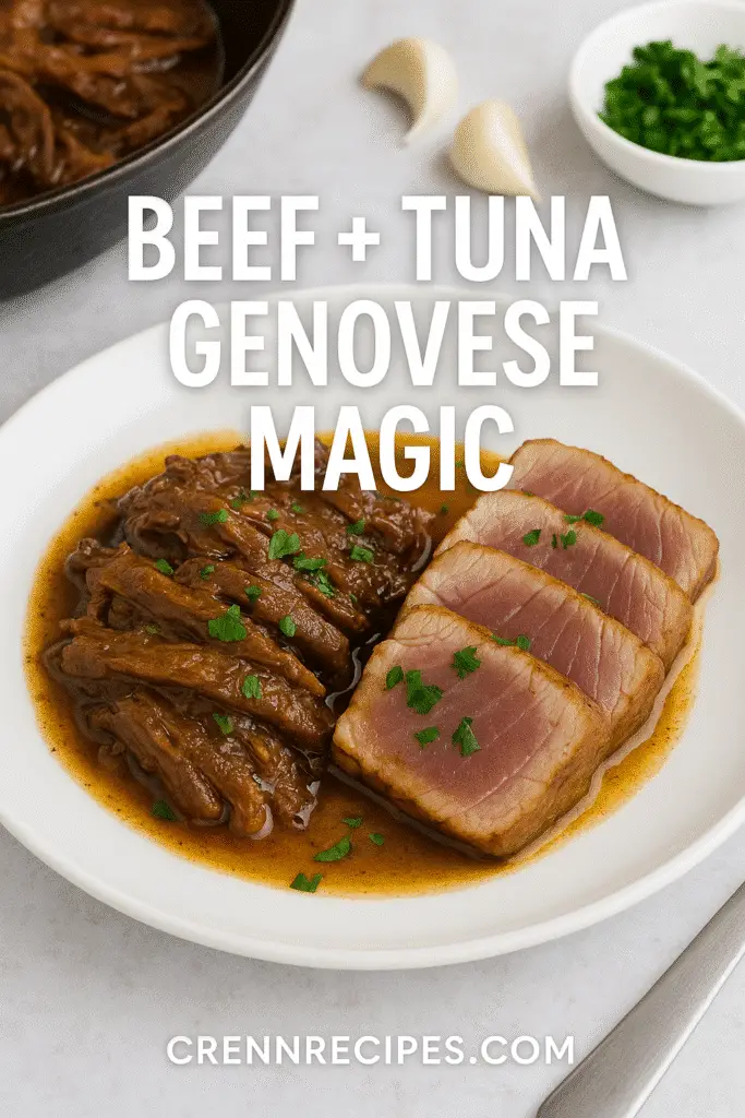 Pinterest pin: Beef + Tuna Genovese featured by CRENNRECIPES.COM