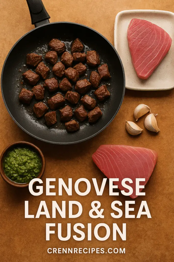 Pinterest pin of Buona Beef Tuna Genovese cooking process by CRENNRECIPES.COM