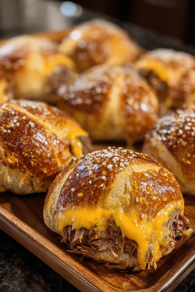 Easy Smoked Brisket Beer Cheese Pretzel Bombs recipe Pinterest image