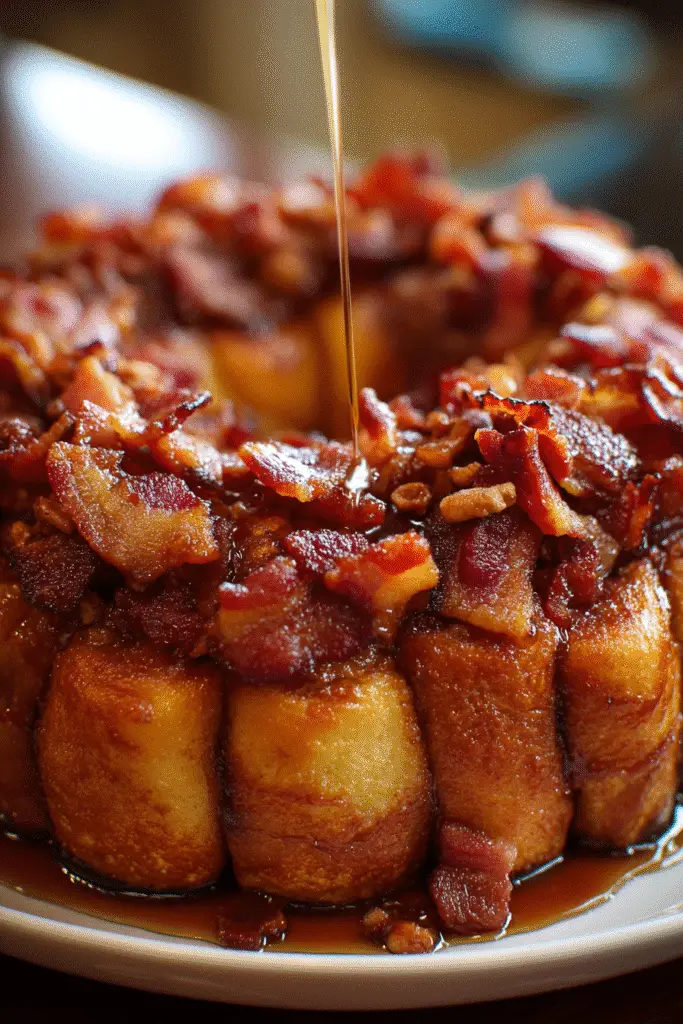 Easy Sticky Bourbon Bacon Monkey Bread recipe showing pull-apart texture with bacon