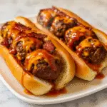 Bourbon BBQ Bacon Cheeseburger Meatball Subs with melted cheese and BBQ sauce