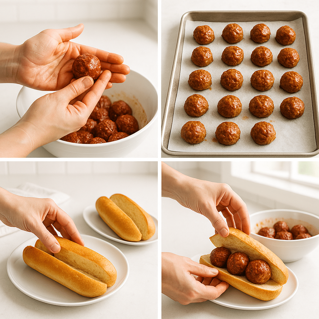 Step-by-step process for making Bourbon BBQ Bacon Cheeseburger Meatball Subs