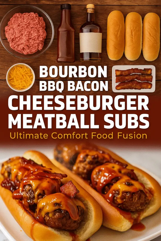 Pinterest pin for Bourbon BBQ Bacon Cheeseburger Meatball Subs recipe