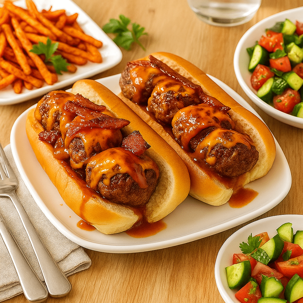 Bourbon BBQ Bacon Cheeseburger Meatball Subs served with sides