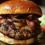 Bourbon-glazed onion bacon jam burgers with caramelized onions and crispy bacon on gourmet brioche buns