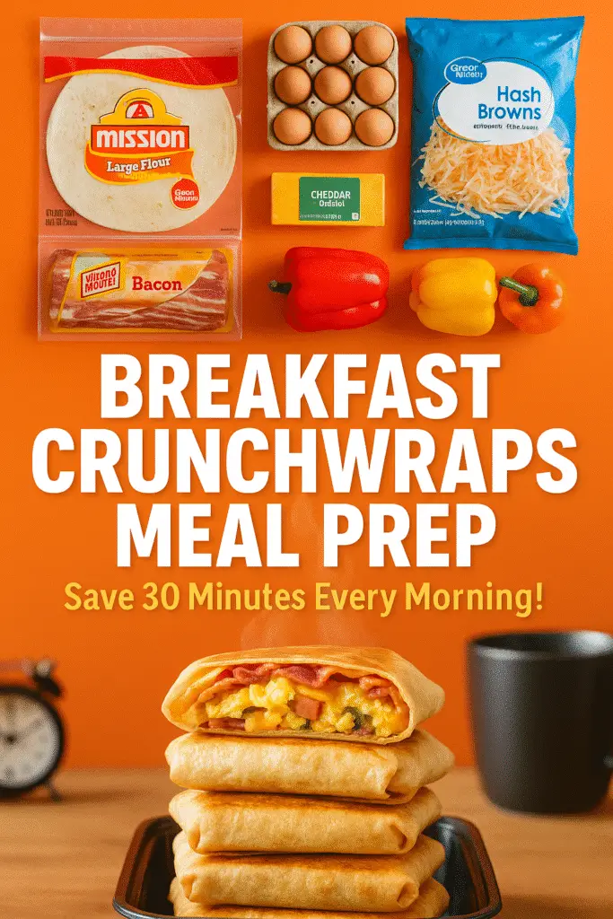 Breakfast Crunchwraps Meal Prep time-saving morning routine Pinterest pin CrennRecipes brand ingredients flat lay