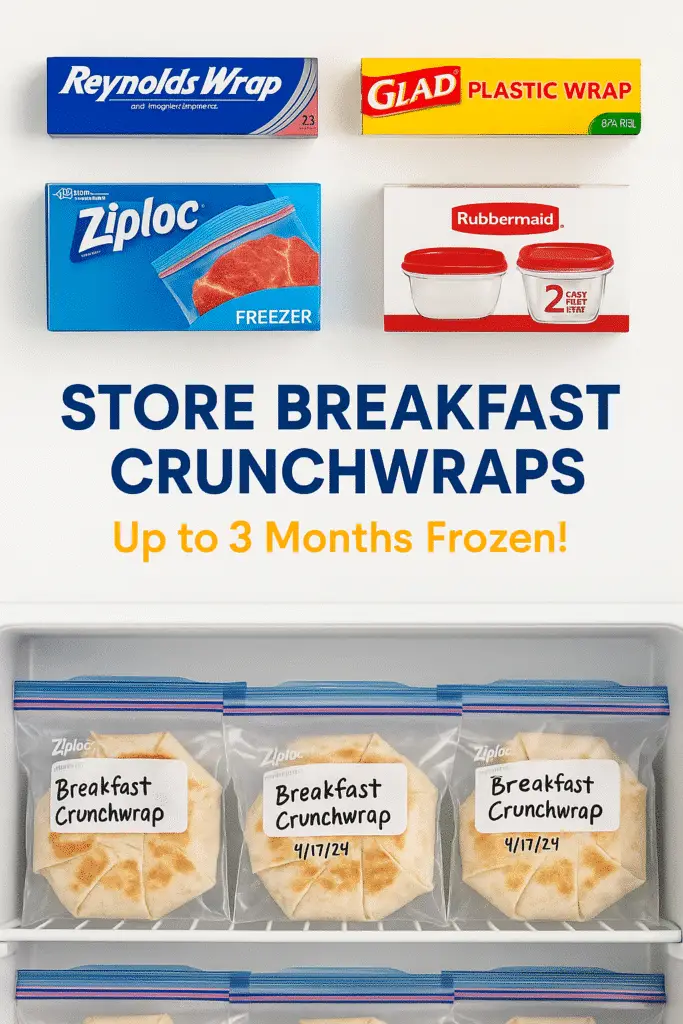Breakfast Crunchwraps storage meal prep freezer tips Pinterest pin CrennRecipes premium containers organization
