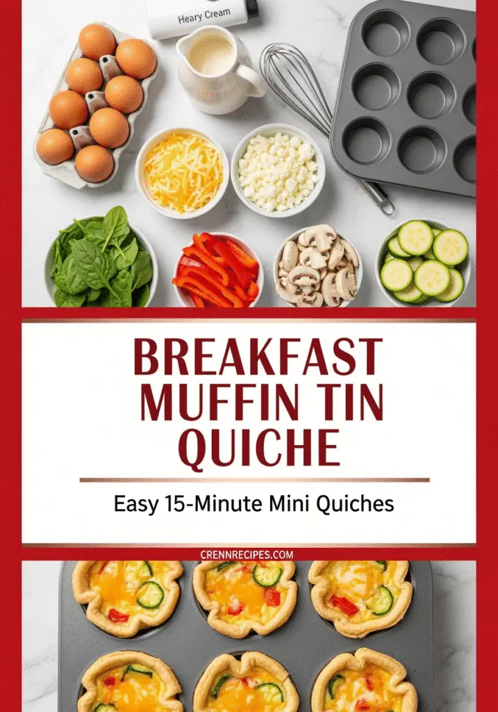 Breakfast muffin tin quiche ingredients and finished recipe from CrennRecipes premium cooking guide
