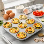 Breakfast muffin tin quiche recipe with eggs, cheese, and fresh vegetables in silicone baking tin