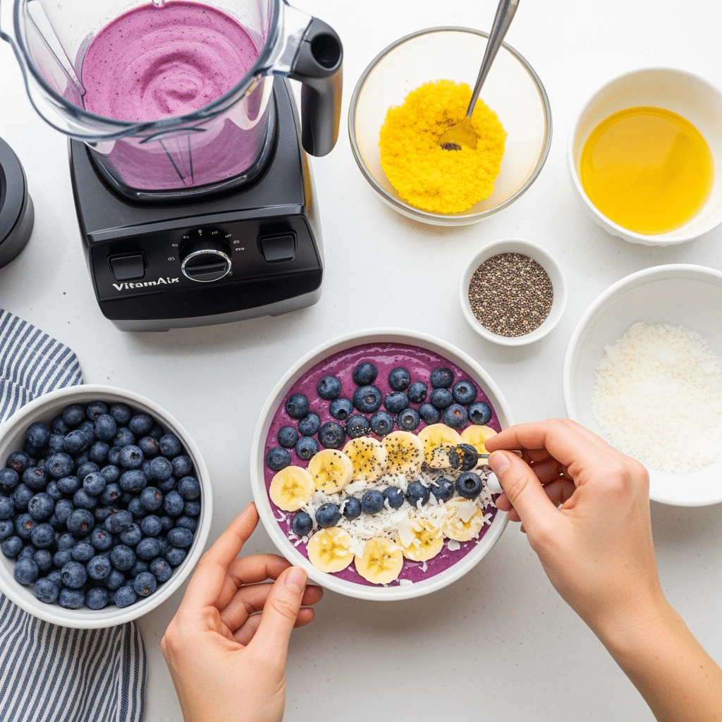 Breakfast smoothie bowl preparation featuring Vitamix blender and anti-inflammatory berry toppings