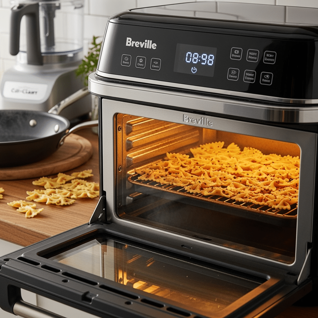 Breville air fryer crisping pasta chips with All-Clad cookware in professional kitchen setting