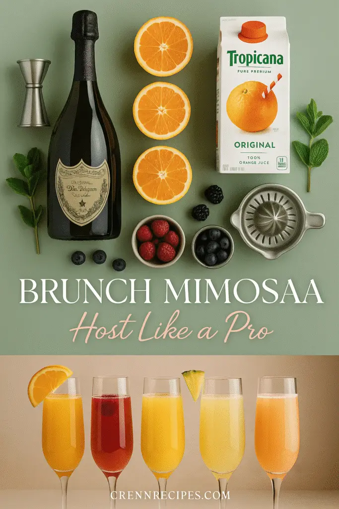 Brunch mimosa bar setup Pinterest pin with Dom Pérignon champagne and multiple fruit juice options from CrennRecipes