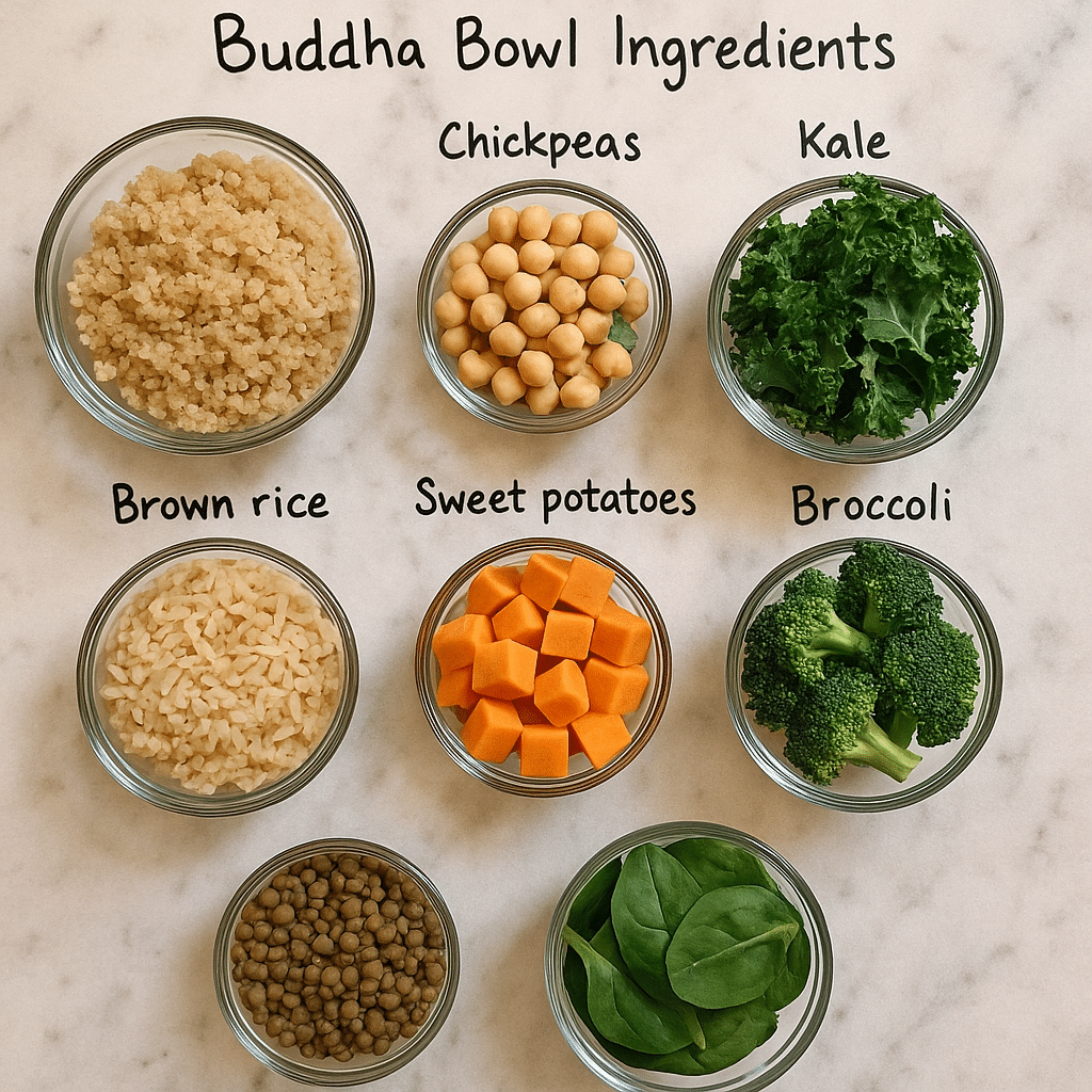 Buddha bowl ingredients laid out in glass bowls showing quinoa chickpeas and vegetables - CrennRecipes ingredient guide