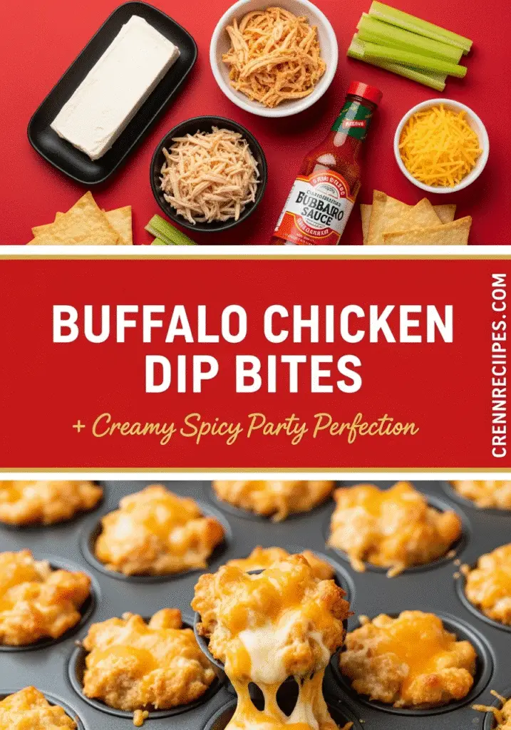 Buffalo chicken dip bites Pinterest recipe pin with ingredients and finished appetizers from CrennRecipes