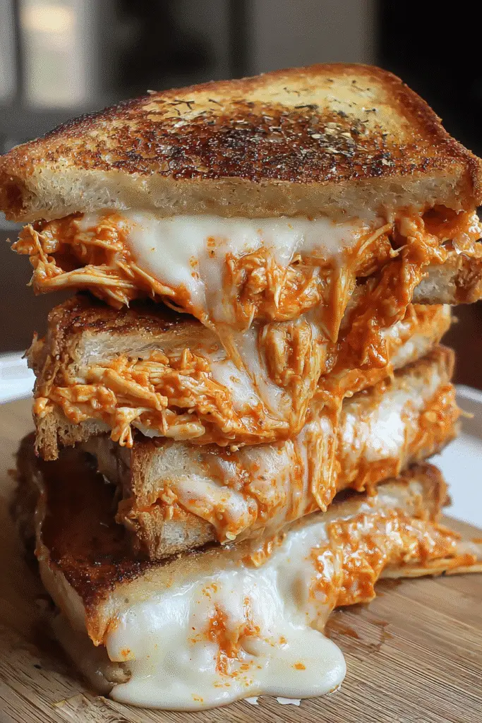 Buffalo chicken pizza grilled cheese cross section showing melted cheese pull