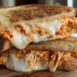 Buffalo chicken pizza grilled cheese sandwich with melted mozzarella and golden crispy bread