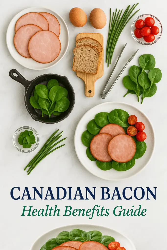 Canadian bacon health benefits Pinterest pin lean protein marble background CrennRecipes nutrition