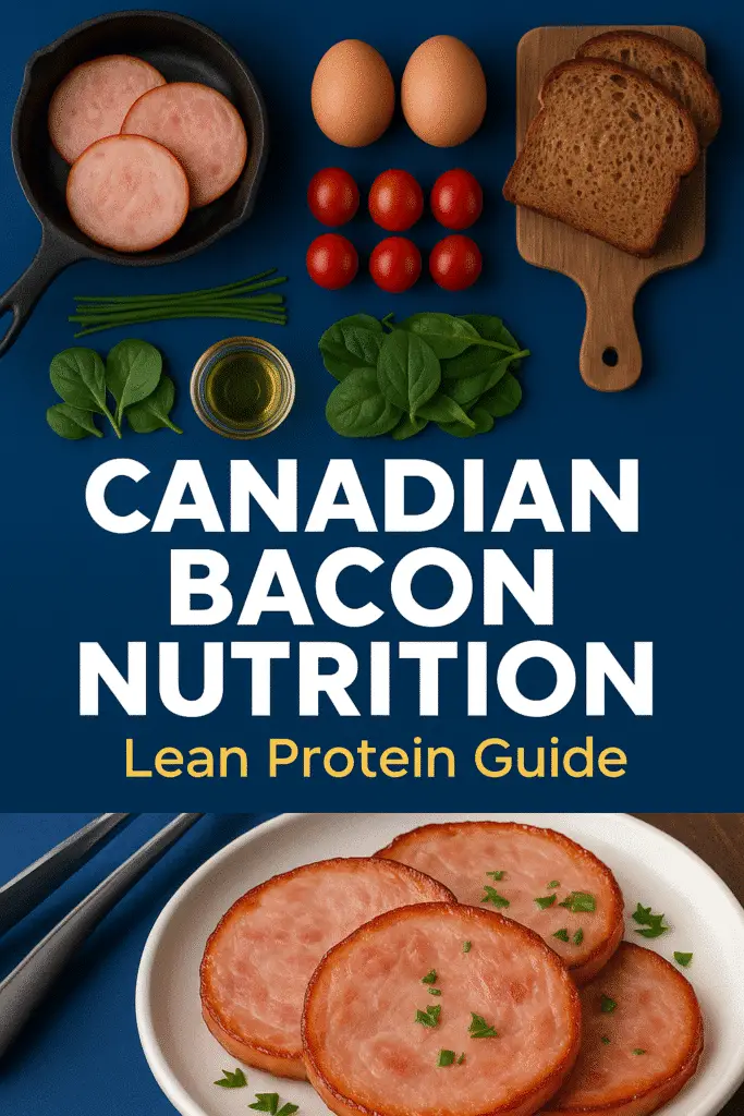 Canadian bacon nutrition Pinterest pin lean protein guide healthy breakfast CrennRecipes navy blue
