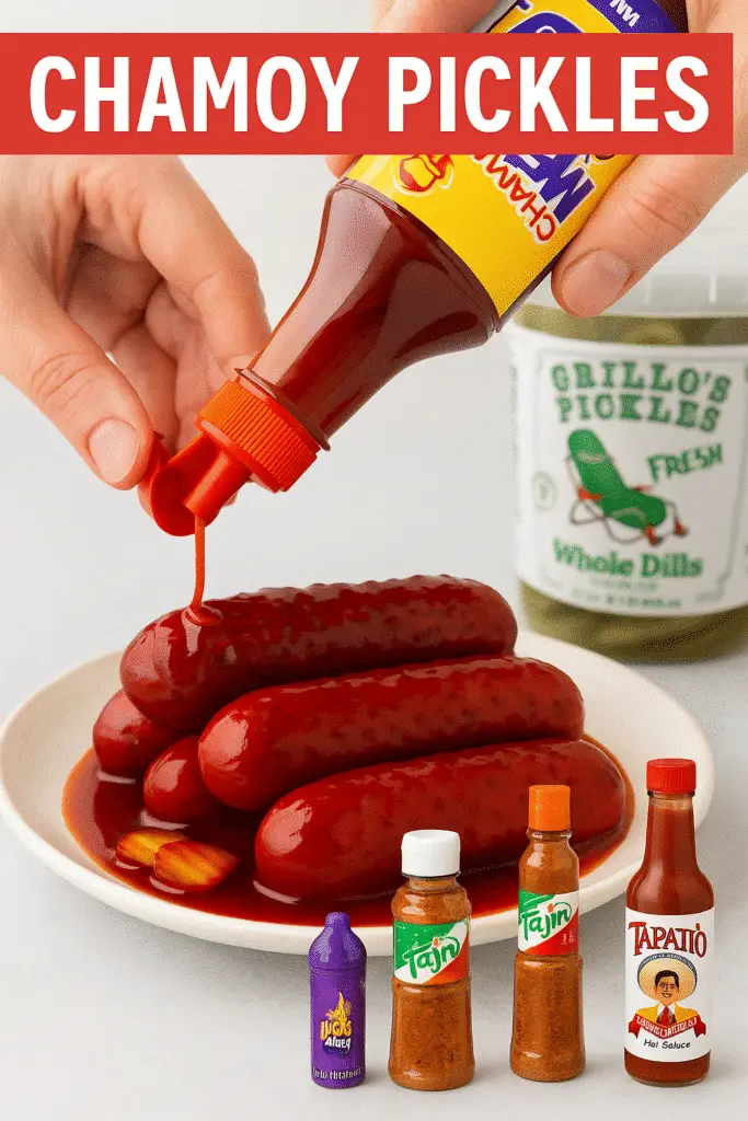Drizzling chamoy sauce on pickles — ChamoyPickles brand