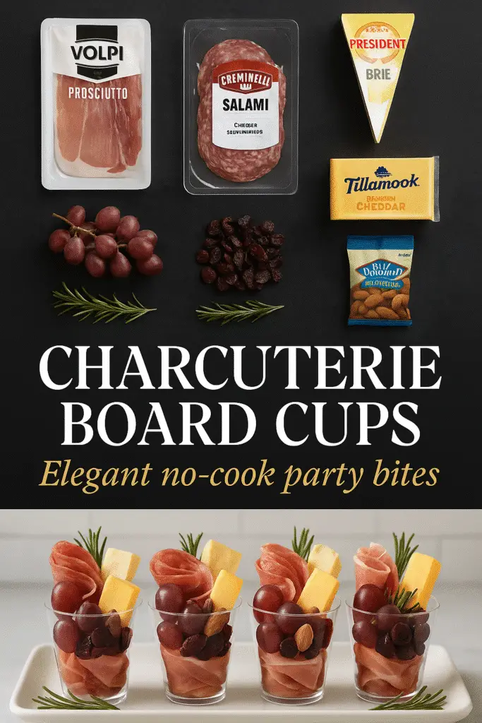 Elegant charcuterie board cups with prosciutto, cheddar, fruits, and nuts in black-gold pin by CRENNRECIPES.COM