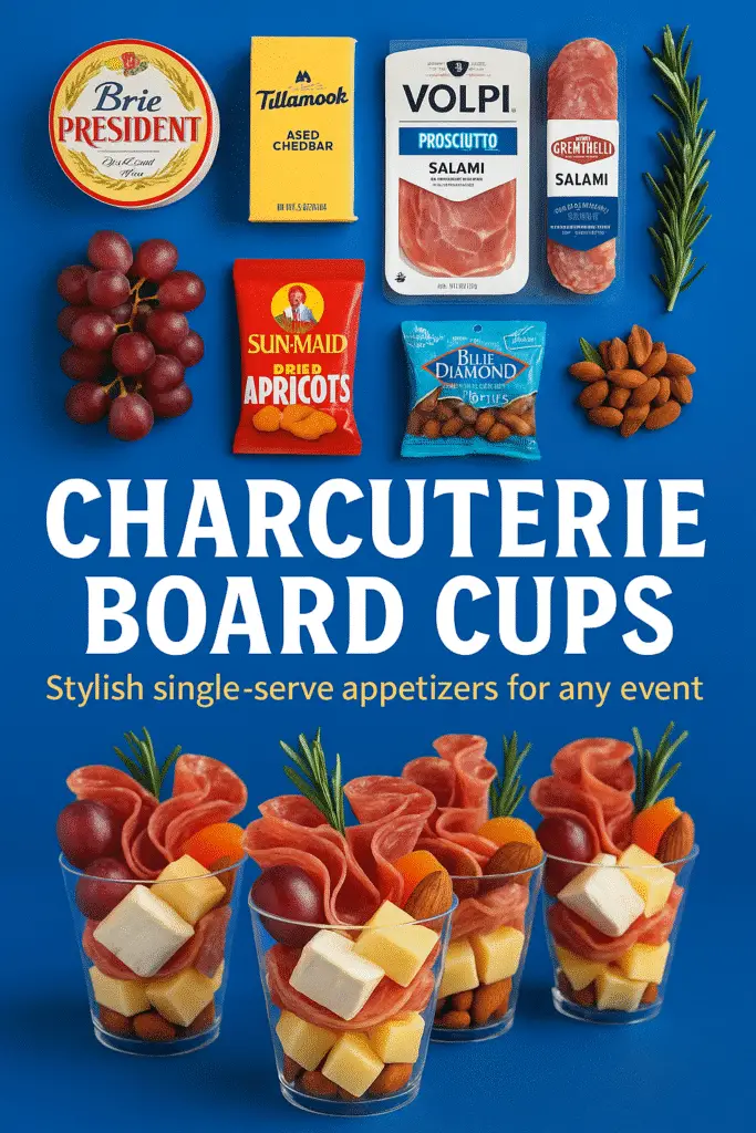 Charcuterie Board Cups with brie, salami, grapes—vibrant party appetizers by CRENNRECIPES.COM