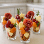 Charcuterie Board Cups with brie, salami, grapes in glass shooter | CrennRecipes.com